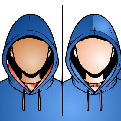 a person with a hoodie and no face, the drawing is split in 2