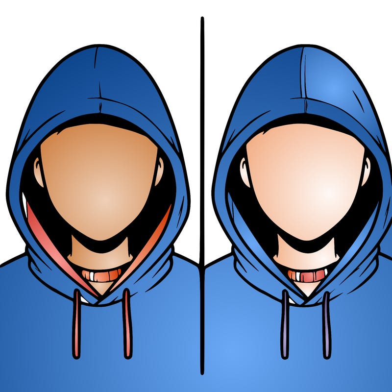 a person with a hoodie and no face, the drawing is split in 2