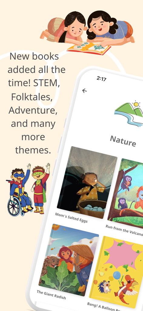Let's Read - Digital Library - Screenshot of the Let's Read app showing children's book categories including nature and folktales