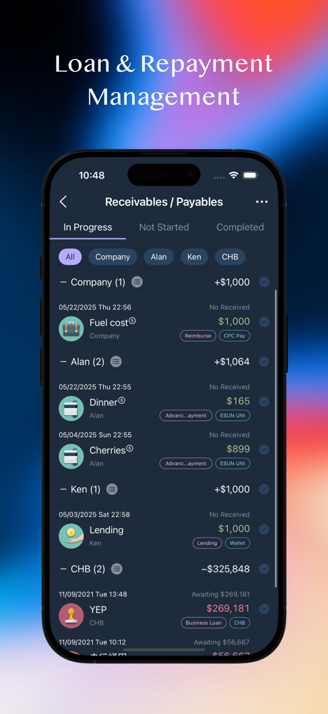 MOZE - Interfaz de la aplicación MOZE que muestra la gestión de cuentas por cobrar y por pagar con seguimiento detallado de transacciones para préstamos y reembolsos