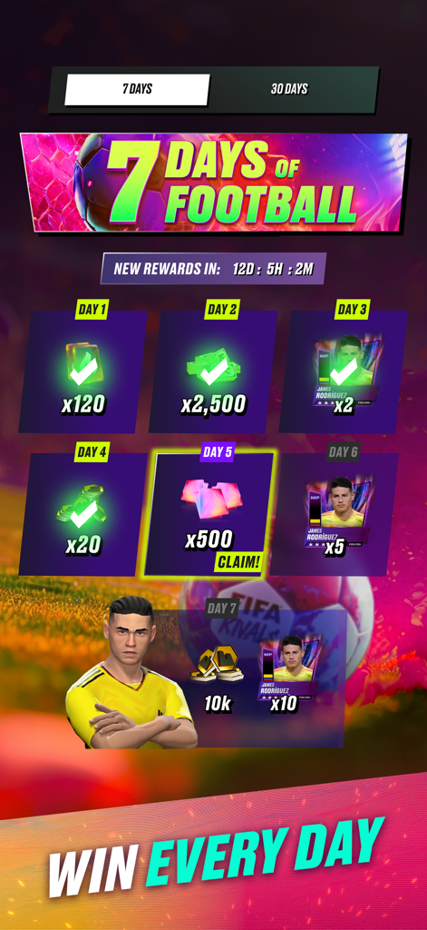 FIFA Rivals - Mobile Football - Calendario de recompensas de inicio de sesión diario de Siete Días de Fútbol para el juego móvil FIFA Rivals.