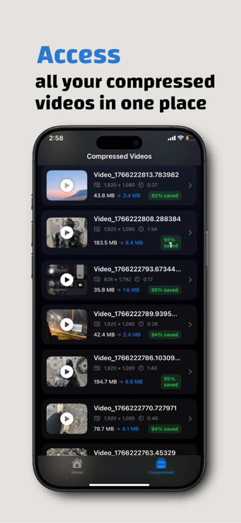 Compress videos - Size Reduce - App screen showing a list of compressed videos with original versus reduced file sizes and storage savings percentage.
