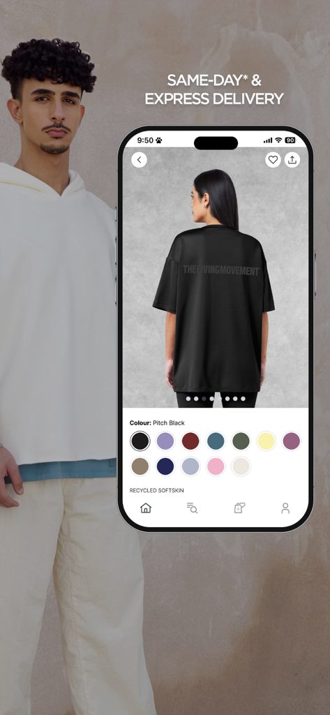 The Giving Movement - The Giving Movement app interface showing a black oversized t-shirt with multiple color options and express delivery information