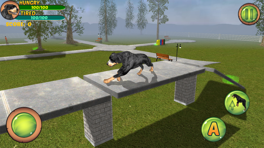 Rottweiler Dog Life Simulator - A 3D simulation of a Rottweiler dog navigating an obstacle course in a city park