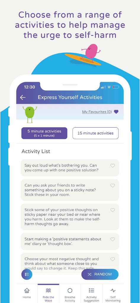 A screenshot showing the Express Yourself activities list in the Calm Harm app for managing self harm urges