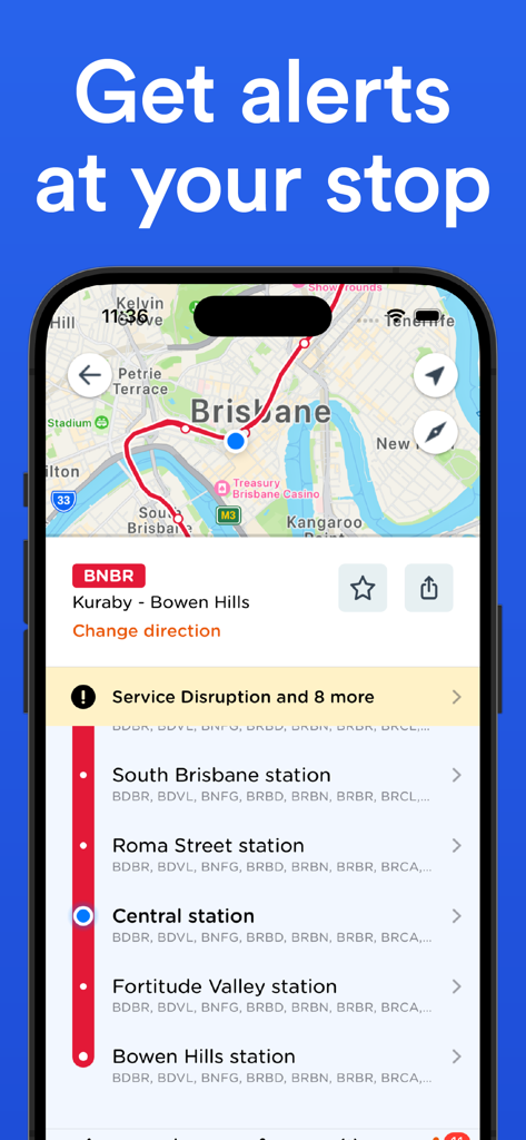 Philadelphia SEPTA Transit - Smartphone screen showing the Philadelphia Transit app with live stop alerts and service disruption notifications.