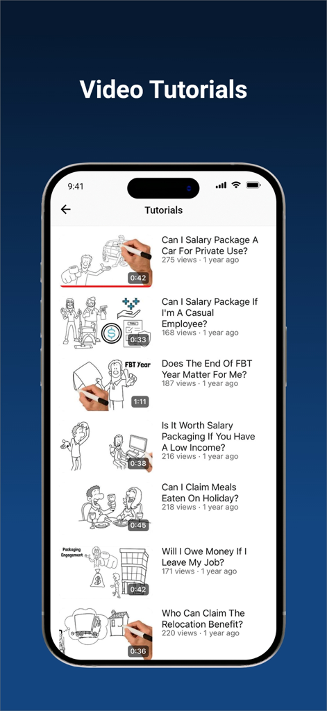 my+ - Tela de smartphone exibindo uma lista de tutoriais em vídeo educacionais sobre empacotamento salarial e benefícios de leasing novado.