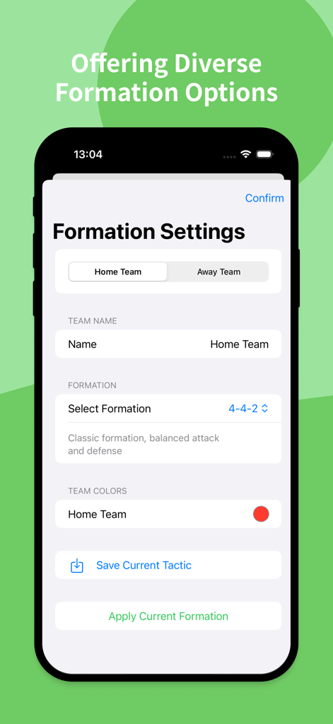 TacticPro - Pantalla de la aplicación TacticPro que muestra la configuración de formación de fútbol y la personalización del color del equipo en un iPhone