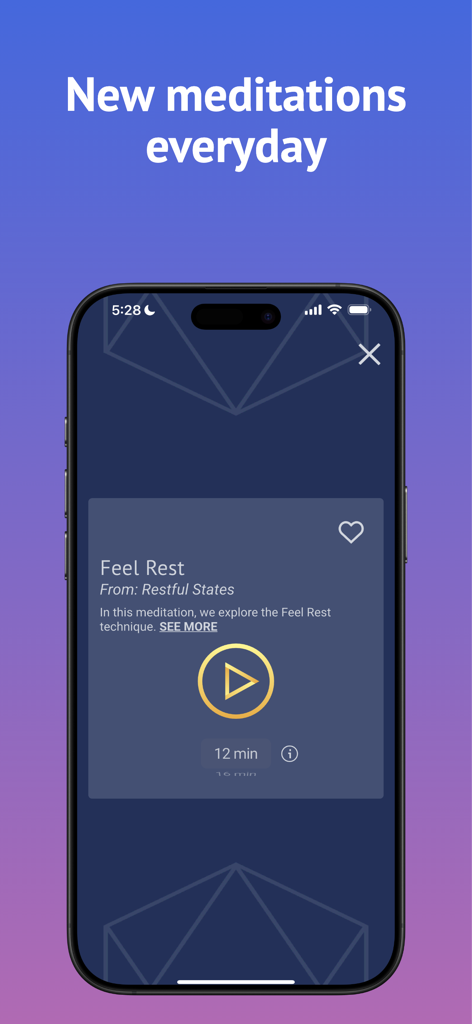 A smartphone screen displaying a 12-minute daily meditation session titled Feel Rest in the Brightmind app