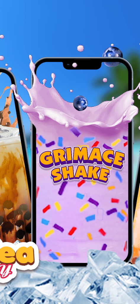 A purple Grimace Shake with blueberries and colorful sprinkles on a mobile phone screen