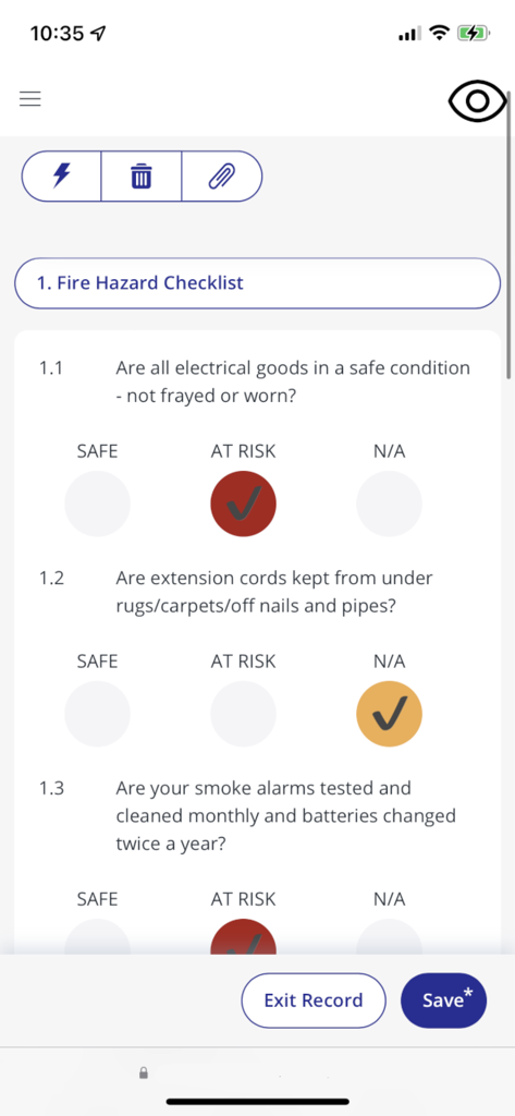 EcoOnline EHS Mobile App - EcoOnline EHS mobile app showing a digital fire hazard checklist for safety audits
