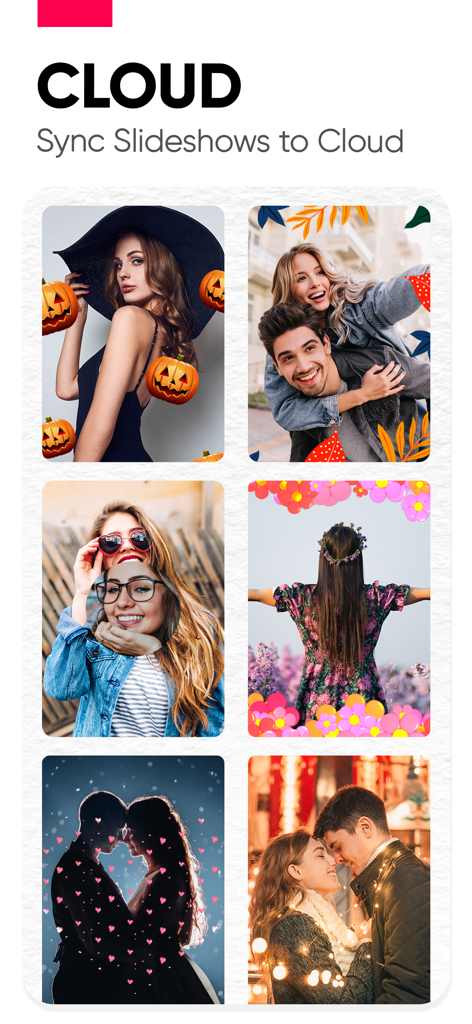 A screen displaying the cloud sync feature of the Slide Show Maker app with a grid of edited lifestyle photos featuring decorative stickers.