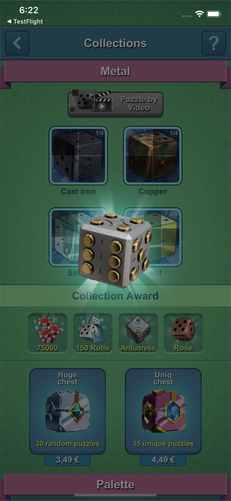 Dice-n-Roll online Yatzy - In-game collections screen showing various metal themed dice skins and rewards for Dice-n-Roll online Yatzy