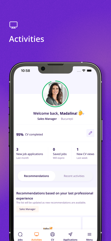 User activity dashboard of the eJobs app showing CV completion status and job application statistics.