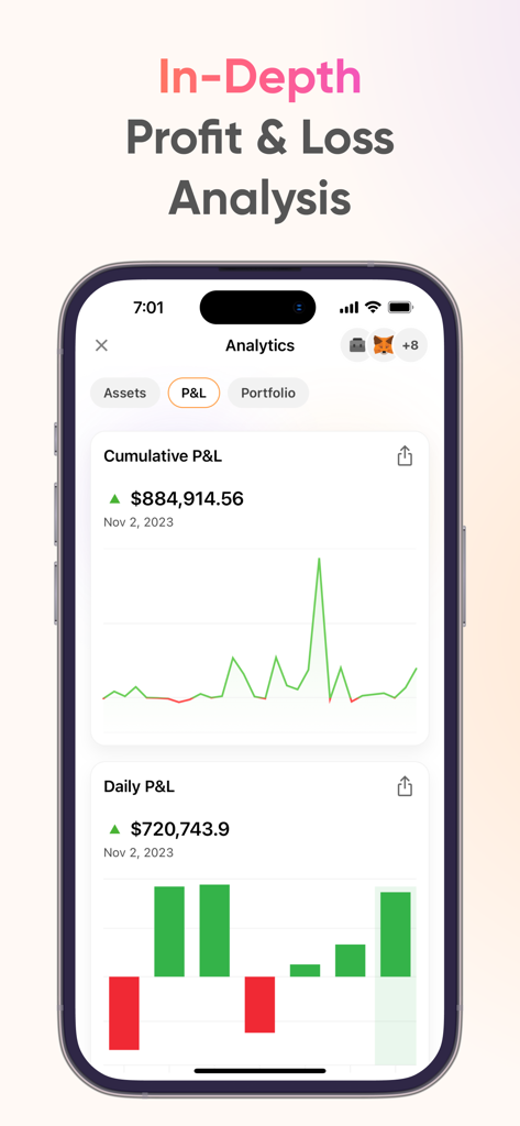 CoinStats: Crypto Portfolio - Aplicación móvil CoinStats que muestra análisis acumulados y diarios de ganancias y pérdidas con gráficos para una cartera de criptomonedas