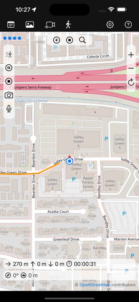 OSM Maps - Live map view showing street details and tracking metrics in the OSM Maps app