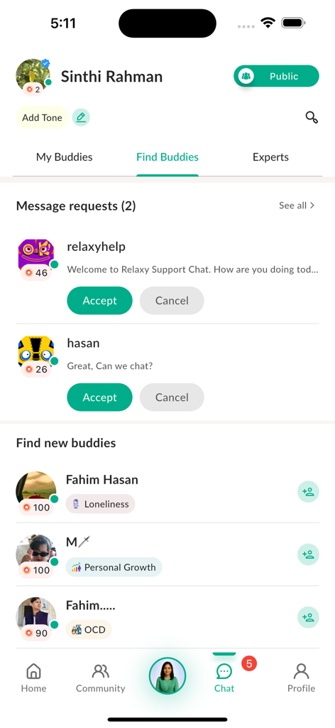 Relaxy app Find Buddies screen showing message requests and buddy suggestions with mental health tags like loneliness and personal growth