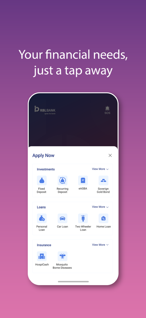 RBL MyBank (Prev. RBL MoBank) - RBL MyBank app interface showing the Apply Now menu with options for investments, loans, and insurance