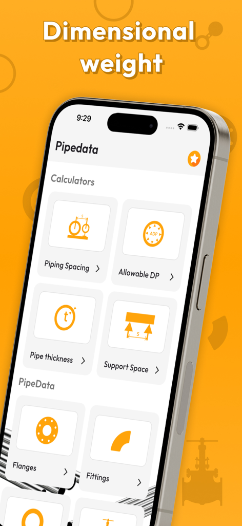 Pipe Data - Interface do aplicativo Pipe Data mostrando calculadoras de engenharia para espaçamento de tubos e espessura