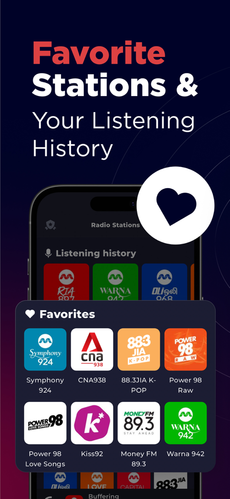 A mobile screen showing favorite Singaporean radio stations and listening history
