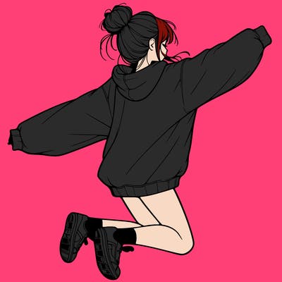realistic girl jumping with a bun and oversized sweatshirt