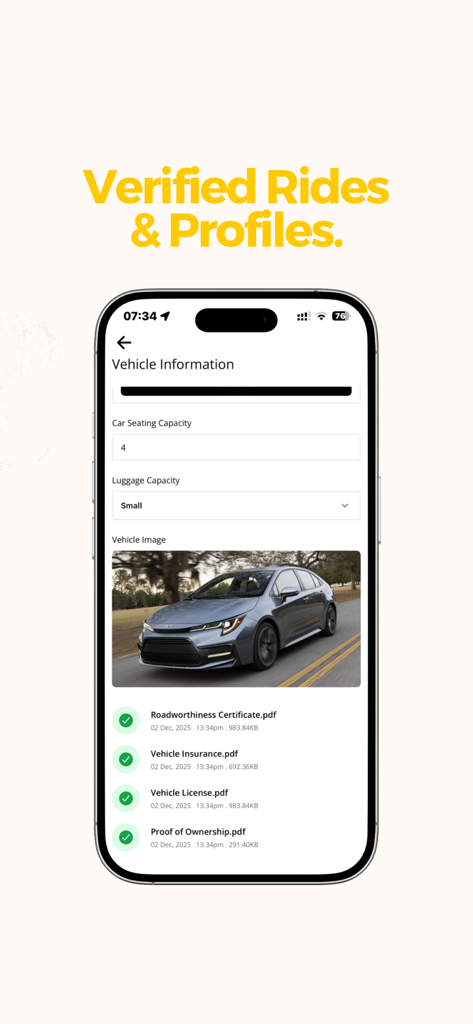 Rideshare NG - Rideshare NG mobile app screen showing verified vehicle information and safety documentation