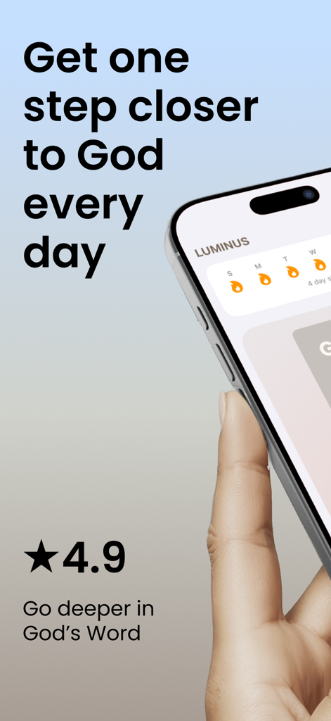 Luminus - Bible Daily Learning - Hand holding a phone with the Luminus Bible app showing a daily habit streak and spiritual growth slogan