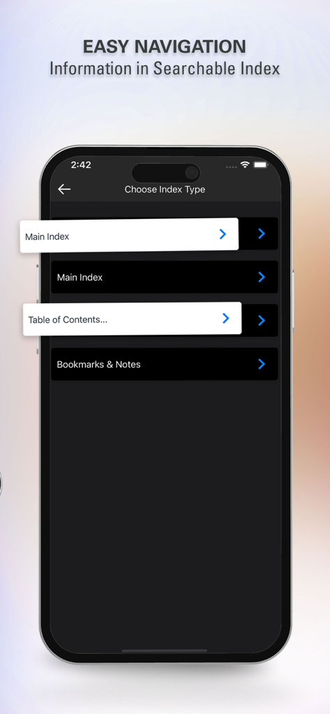 Rapid Review Anatomy Guide - Searchable navigation menu in the Rapid Review Anatomy Guide app featuring main index and bookmarks