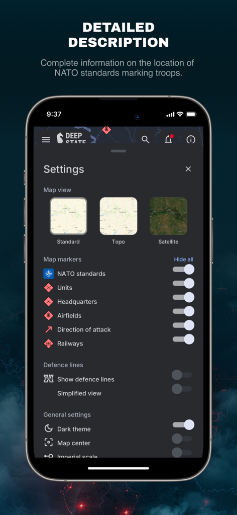 DeepStateMap - DeepStateMap settings screen showing map view options and military markers including NATO standards.
