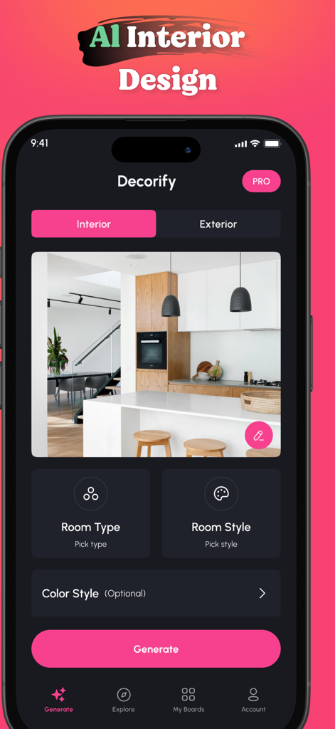 Pantalla de la aplicación HomeAi para diseño de interiores impulsado por IA con opciones para elegir el tipo de habitación y el estilo