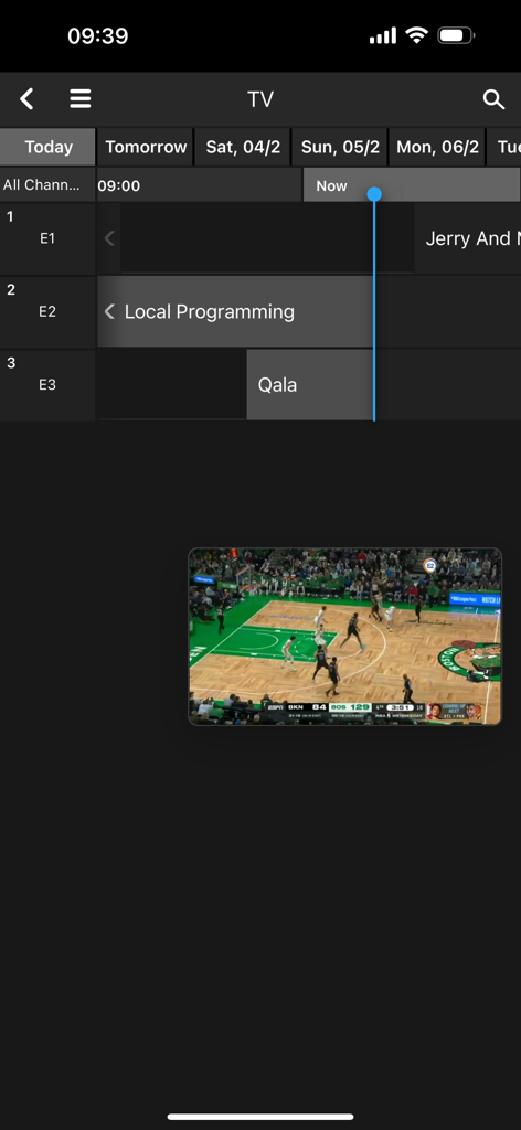 ENet TV - ENet TV app interface showing the electronic program guide and a live basketball game in picture-in-picture mode.