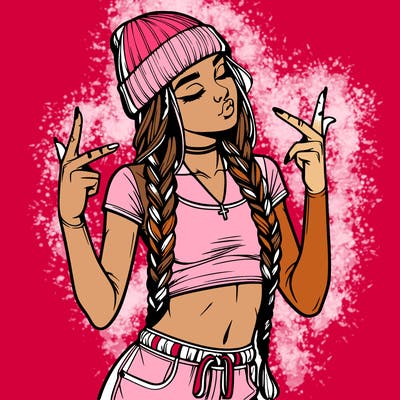 realistic teenage girl with braids and a beanie and crop top doing 🫶🏼