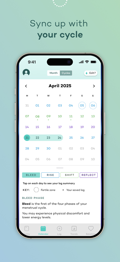 Moody Month: Hormone Tracker - Moody Month app showing a menstrual cycle calendar with color-coded hormone phases