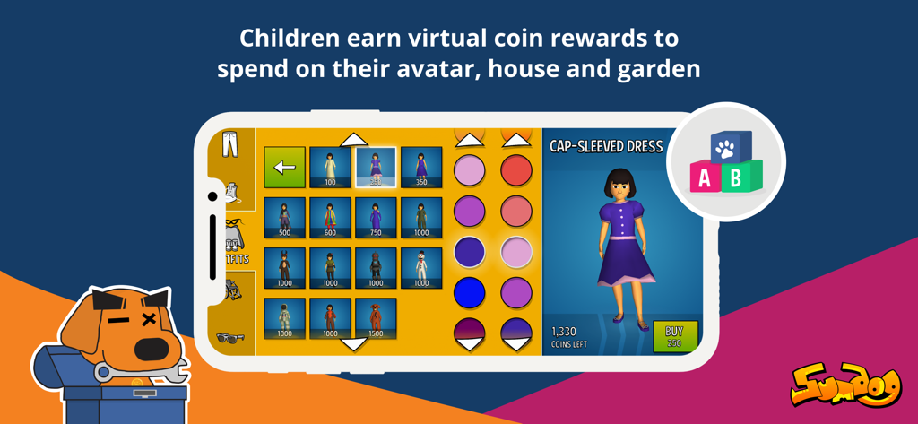 Sumdog app screen showing avatar customization with virtual coin rewards.