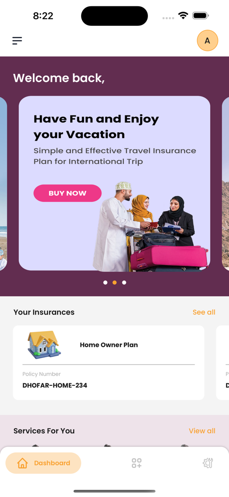 Dhofar Insurance - Mobile app dashboard for Dhofar Insurance showing travel insurance promotions and an active home owner policy.