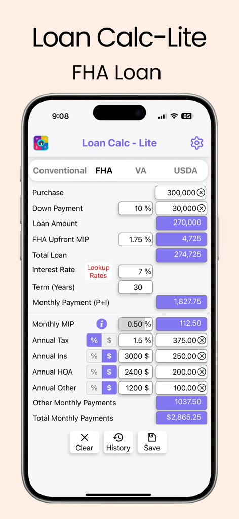 Loan Calc-Lite - Aplicación móvil Loan Calc-Lite que muestra una pantalla detallada de cálculo de préstamo FHA.
