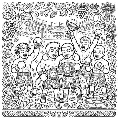 Step into the ring with this exhilarating coloring page featuring five triumphant boxers celebrating their hard-won victory amidst a festive autumn backdrop. Discover the joy of sport and season combined as you bring this detailed scene to life with your favorite colors.