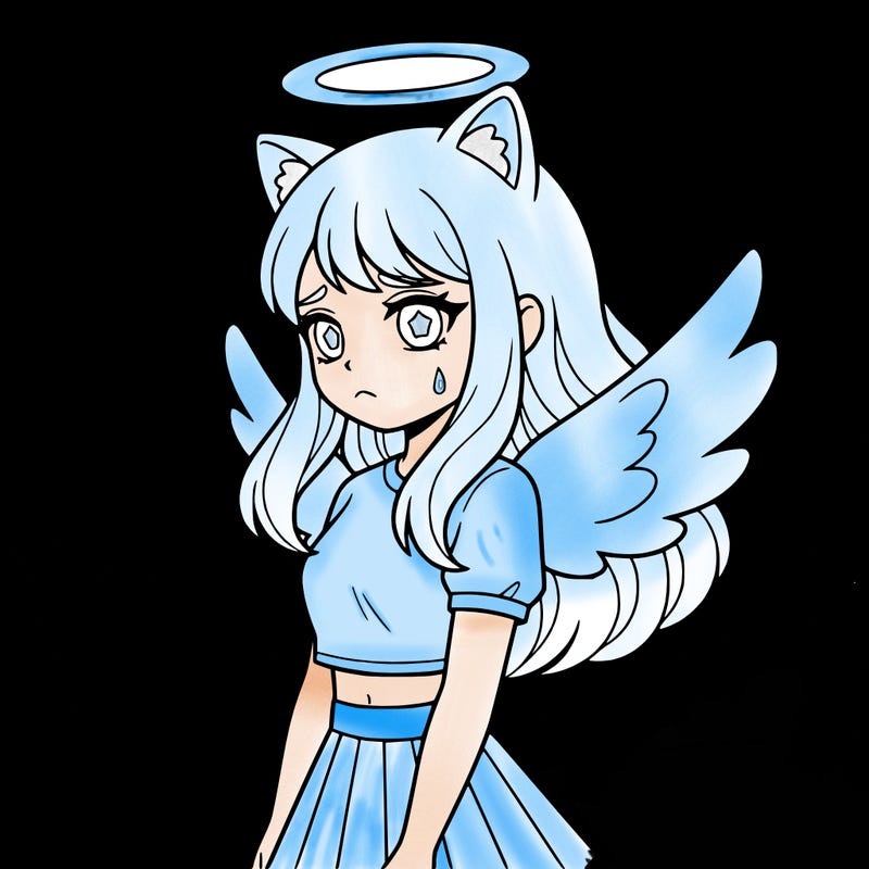 cat ears no fur wings halo cute face sad crop top with skirt