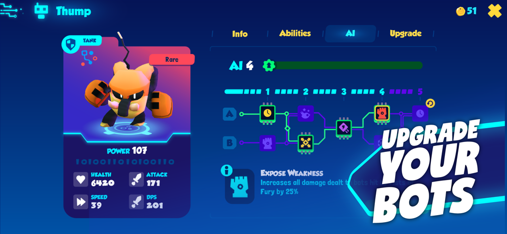 Botworld Adventure - Botworld Adventure screen showing stats and AI upgrade tree for a rare tank bot named Thump.