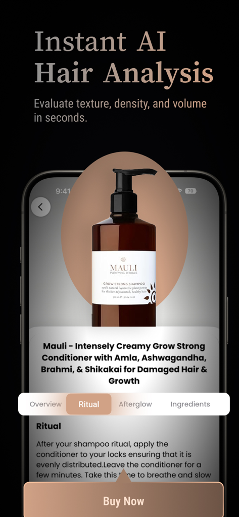 Hairlytics: AI Hair Analysis - Hairlytics App zeigt ein empfohlenes Haarwachstumsprodukt mit Anweisungen und einer Jetzt kaufen-Schaltfläche
