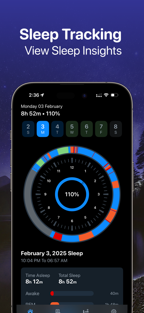 SleepMinder: Ai Sleep Tracker - SleepMinder app interface displaying detailed sleep tracking insights and a circular sleep cycle chart.