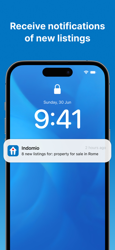 Notificación de smartphone de la app Indomio mostrando nuevos anuncios inmobiliarios en Roma