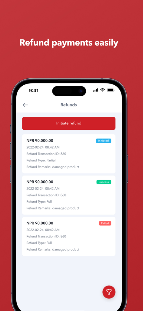 Fonepay Business - Fonepay Business app displaying refund payment status and transaction history