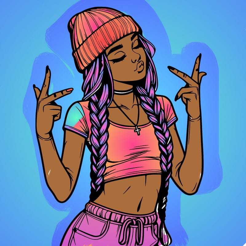 realistic teenage girl with braids and a beanie and crop top doing 🫶🏼