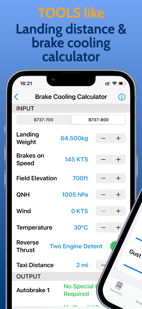B737 Performance Handbook app interface showing the Brake Cooling Calculator tool with data inputs for landing weight and field elevation