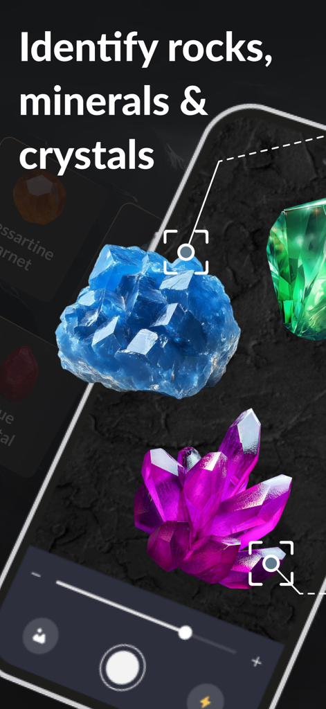Stone Identifier ⁃ Rock Finder - App screen showing identification of rocks minerals and crystals using a phone camera
