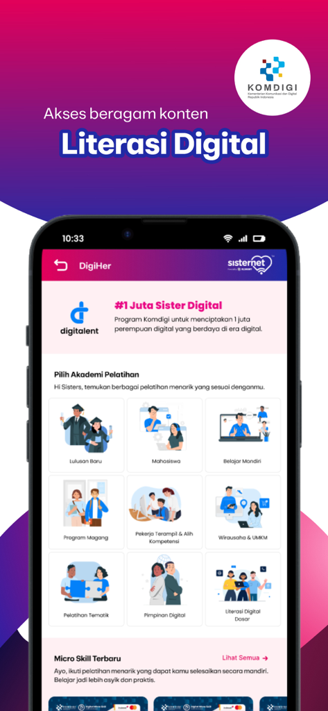 Sisternet - Interfaz de la aplicación Sisternet que muestra categorías de capacitación en alfabetización digital para mujeres indonesias