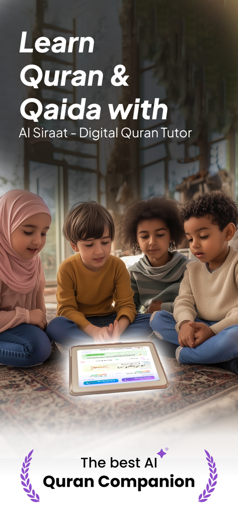 Children using the Al Siraat AI app on a tablet to learn Quran and Qaida