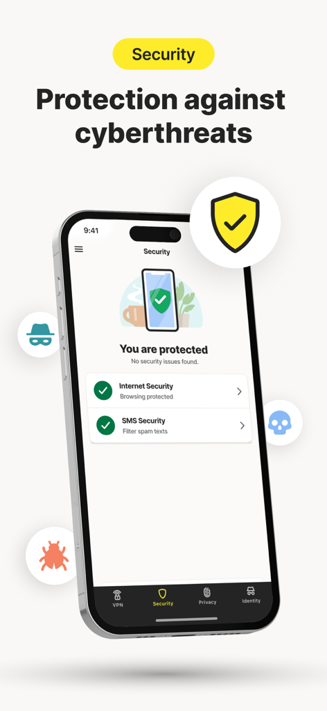 Norton VPN app interface showing protection against cyberthreats and internet security status