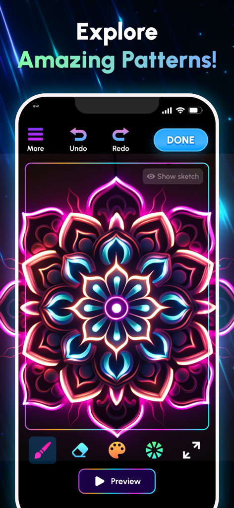 Um padrão de mandala brilhante em neon criado no aplicativo Glow Art Drawing.